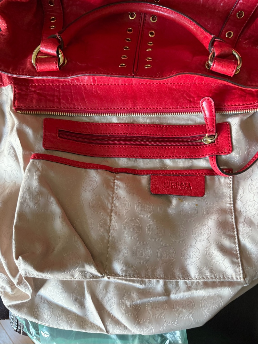 Michael Kors Red Leather Studded Tote with Gold Hardware - Picture 9 of 17
